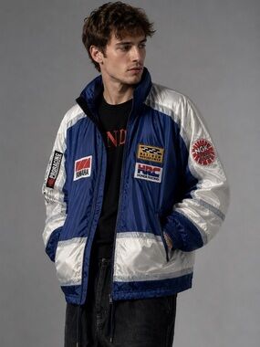 VTG 90s Yamaha Honda Racing HRC Reversible Bomber Jacket Blue /Blk NASCAR Moto L